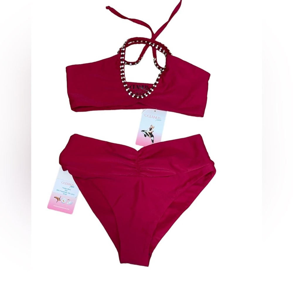 Oceanus Hayley Crystal Embellished Ruched Bikini set in Red size S